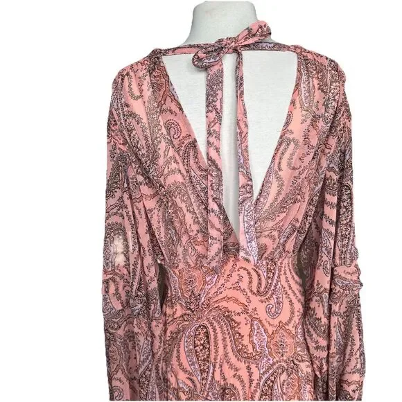 Free People Mirage Long Sleeve Maxi Dress Peach Pink Paisley Size 6 Boho Hippie - Picture 8 of 13